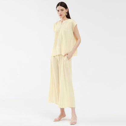 new summer women's clothing V-neck top fashion loose and thin wide-leg pants fashion suit casual two-piece set