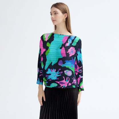 spring new space element design simple loose long-sleeved top women's print pleated T-shirt women's outside