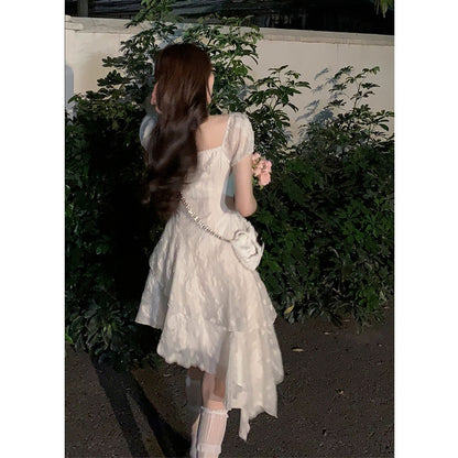 Tea Break Dress Women's Early Spring and Summer 2024 New Style White Ruffled Irregularly Slimming Short Skirt