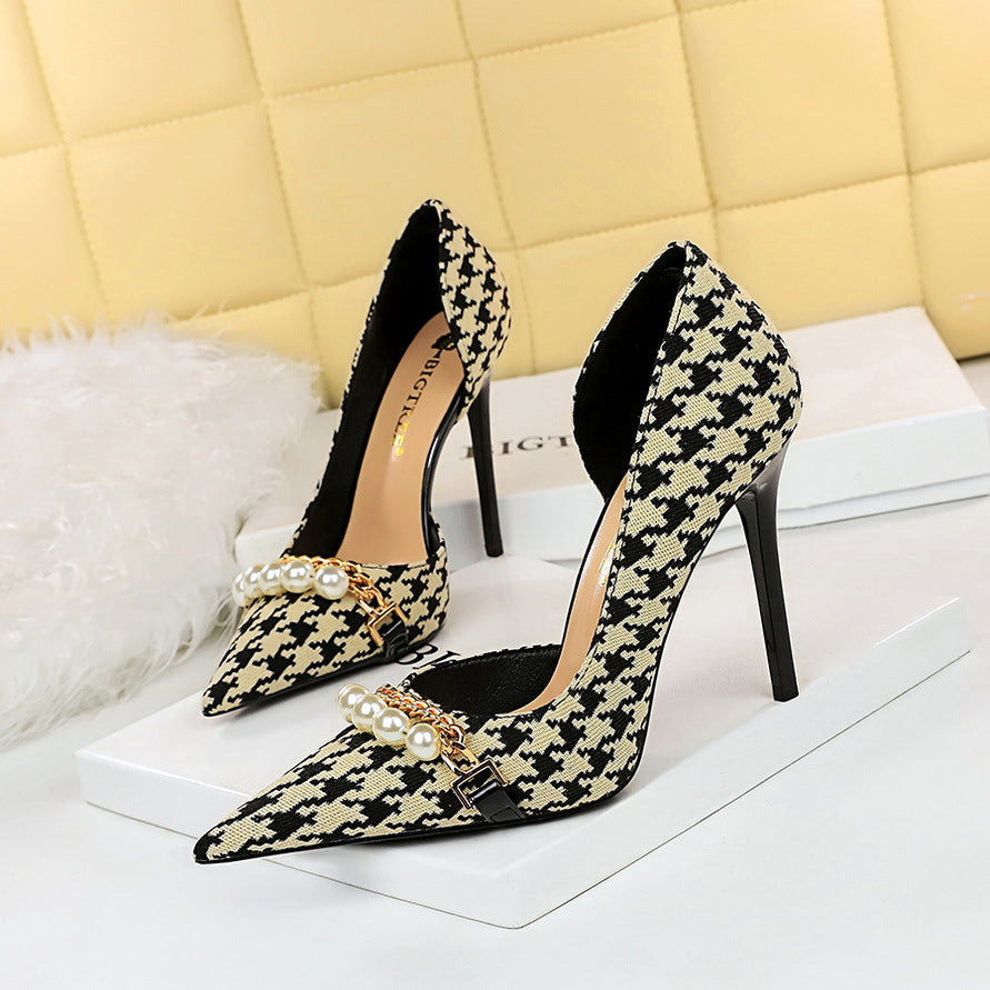 2025 8829-1 [Customized] High heels plaid pattern side hollow thousand bird grid pearl metal chain super high heel single shoes