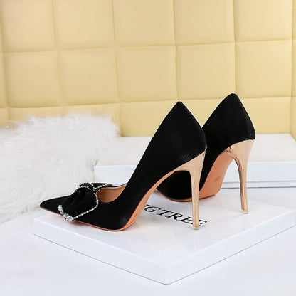 2025 1829-H31  banquet high heels women's shoes metal heel super high heel pointed satin rhinestone bow single shoes