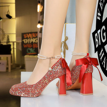 2025 9983-H79TP Korean version sequined pearl one-word strap women's shoes square head shallow mouth thick heel super high heel waterproof table shoes