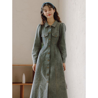 Autumn new retro Hong Kong style POLO collar design single breasted denim dress made of vintage French shirt long skirt