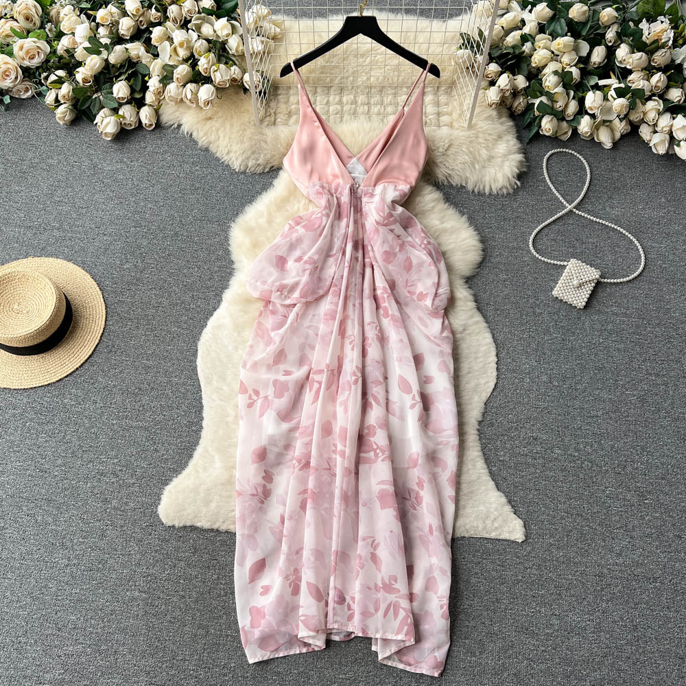 VAKKV Sexy V-neck backless dress female ink painting new suspenders irregular holiday dress P238