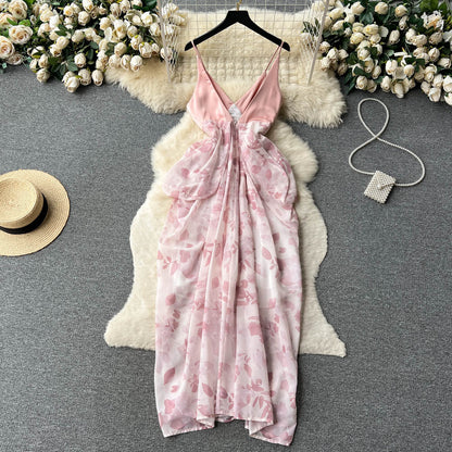 VAKKV Sexy V-neck backless dress female ink painting new suspenders irregular holiday dress P238