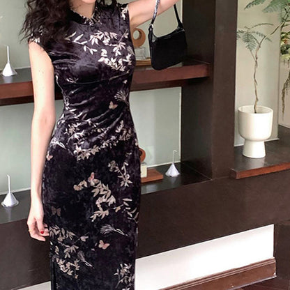 VAKKV 2025 PC058 New Midie Fragrance Early Spring New Chinese Velvet Cheongsam Dress Slim Fit Hip Wrap Long Dress Women