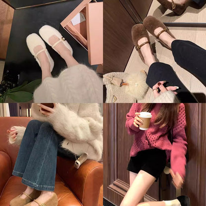 2025 Grape mother same autumn and winter new leather temperament ballet style word belt inner height increase fluff Mary Jane single shoes women
