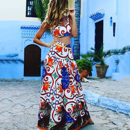 2025 Cross-border Spring and Summer New 2025 Women's Clothing Sexy Temperament Suspender Printed Dress Set Beach Dress Two-piece Pack
