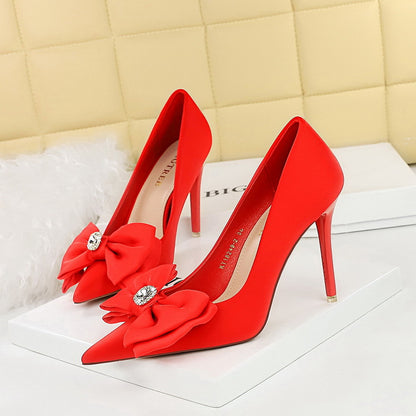 2025 18249-H33 Korean version of fashion banquet high heels thin heel shallow mouth pointed rhinestone bow high heel single shoes women