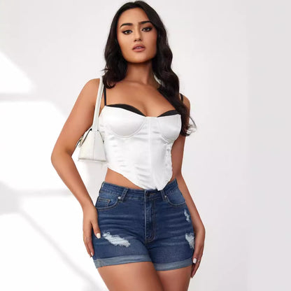 VAKKV popular summer new ripped Popularan beautiful women's denim shorts factory direct sales New elastic hemming shorts spot