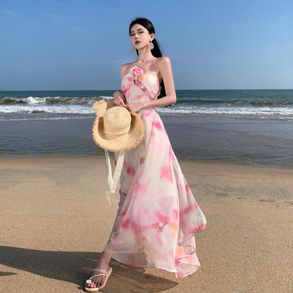 2025 super fairy suspender high sense three-dimensional flower neck holiday style dress temperament elegant backless light dress