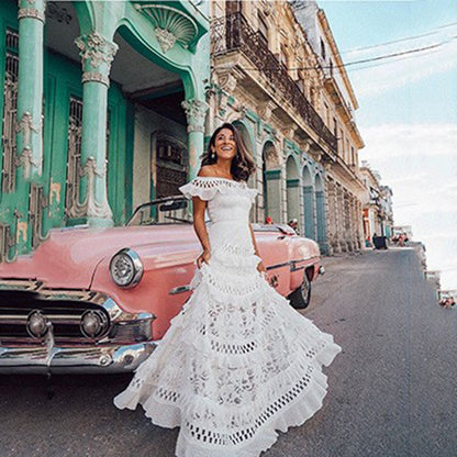 VAKKV  Cross-Border Summer New European and American Foreign Trade Women's Clothing off-Shoulder Ruffled Hollow-out Wide Hem Lace Dress Dress