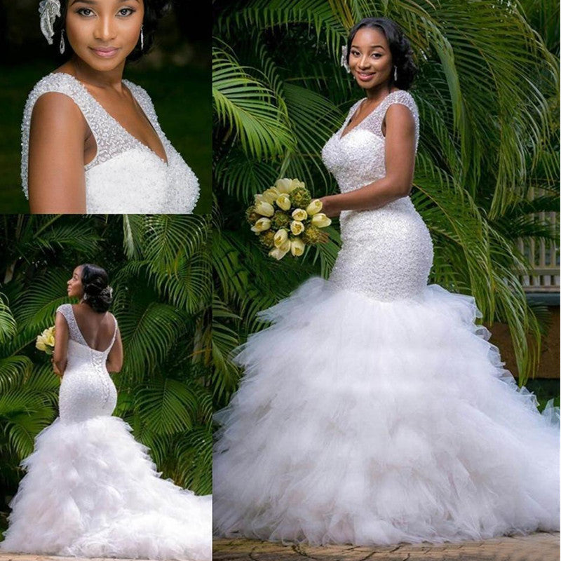 Light Luxury Beaded Bridal Wedding Dress V-neck Beaded Fishtail Dress White Ruffled Mesh Trailing Wedding Main Wedding Dress