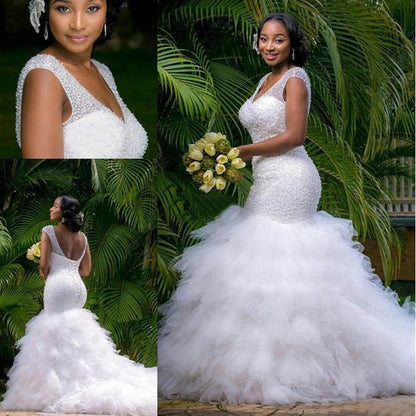 Light Luxury Beaded Bridal Wedding Dress V-neck Beaded Fishtail Dress White Ruffled Mesh Trailing Wedding Main Wedding Dress