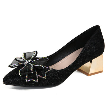 Style Pointed-Toe Fashion High Heels Women's Spring and Autumn New Chunky Heel Low-Cut Rhinestone Bow Temperament Wild Pumps