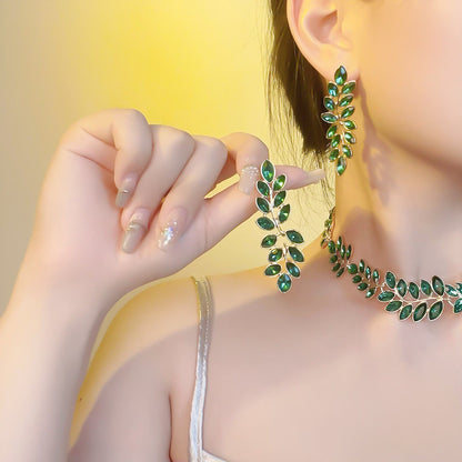 Glass Rhinestone Green Forest Earrings and Necklace Set Light Luxury Middle-Ancient Leaves Clavicle Chain Design Sense Fashion Women
