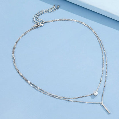 C096 HOT and NEW Cross Border Ornament Elegant Drop-Shaped Rhinestone Pendant Clavicle Chain Simple Long Stick Necklace Double Layer Twin