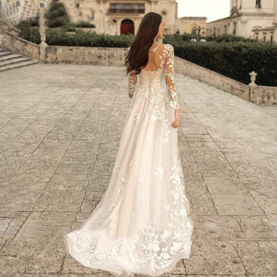 Deep V-neck Backless Wedding Dress Long Sleeve Cross-Border  Summer New Style Trailing Slimming Slim Fit Sexy Minimalist Trip Shoot