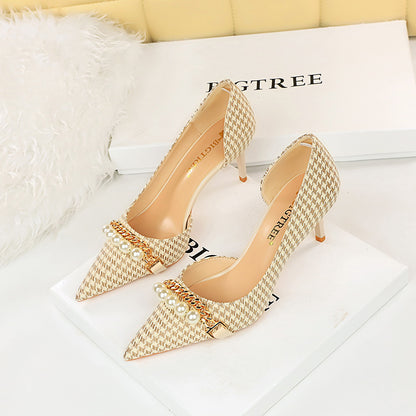 2025 8829-A1 [Customized] Korean version high heel shallow mouth side hollow cloth plaid pattern pearl metal chain thousand bird grid