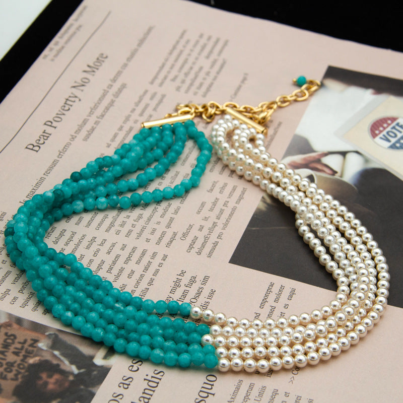 Mid-Ancient Vintage Five-Layer Polo Glass Pearl Necklace Autumn and Winter  Design Bead Light Luxury Clavicle Chain