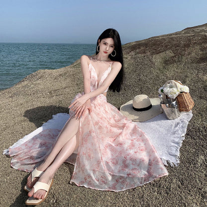 2025 Coffee break  gentle wind seaside vacation fairy style beautiful pink floral waist suspender dress female summer