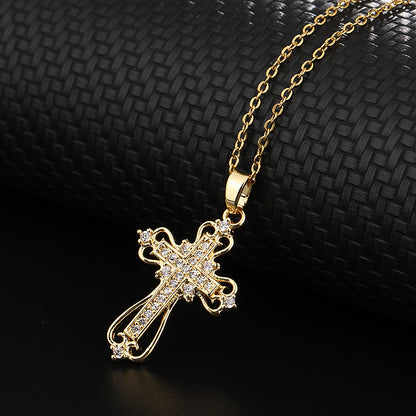INS Vintage Gold Cross Necklace Personalized Pendant Zircon European and American Style Necklace Special-Interest Design Titanium Steel Clavicle Chain
