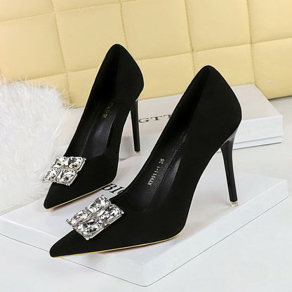 2025 9511-K58 banquet women's shoes, high heels, fine heel, suede, shallow mouth, pointed head, square rhinestone buckle, super high heel single shoes women