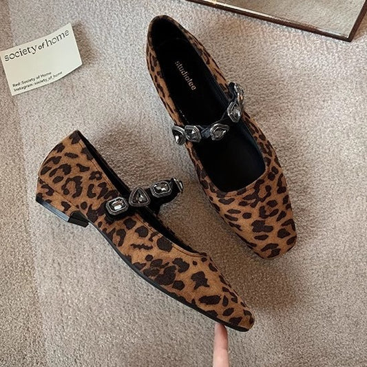 2025 Sheepskin version~ Retro single shoes women's niche design temperament square head shallow mouth leopard print Korean diamond belt Mary Jane shoes