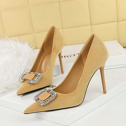 2025 825-K69 Korean version of fashion banquet high heels stiletto women's shoes suede shallow mouth pointed metal rhinestone buckle single shoes