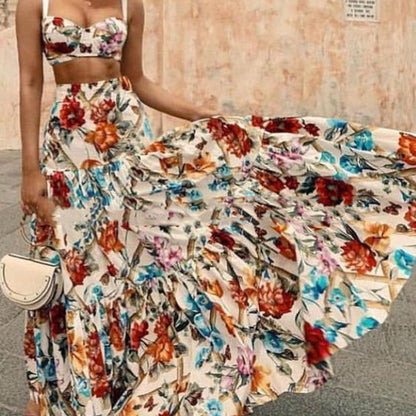 2025 Cross-border Spring and Summer New 2025 Women's Clothing Sexy Temperament Suspender Printed Dress Set Beach Dress Two-piece Pack
