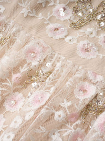 Pink string piece small flower mesh embroidered dress, 7 cm long flared sleeves, long dress, birthday party dress