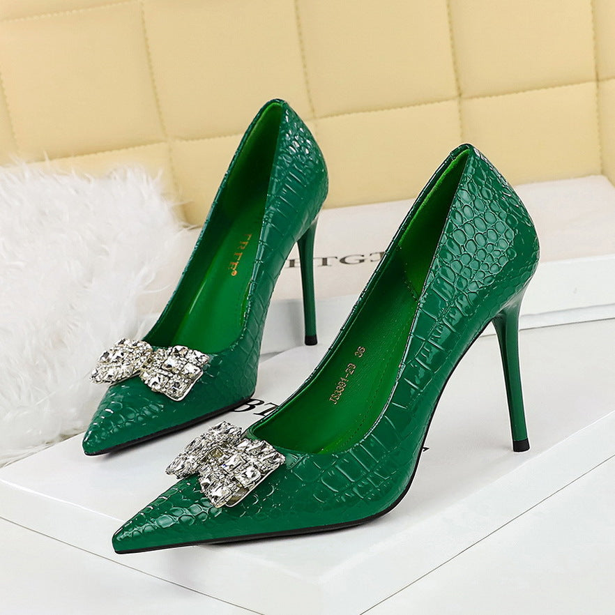 2025 3391-K51  thin banquet high heels, thin heel, super high heel, shallow mouth, pointed rhinestone bow buckle single shoes