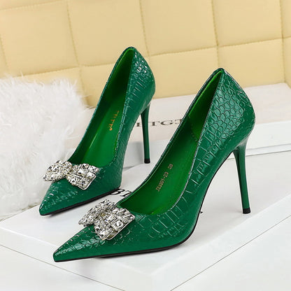 2025 3391-K51  thin banquet high heels, thin heel, super high heel, shallow mouth, pointed rhinestone bow buckle single shoes