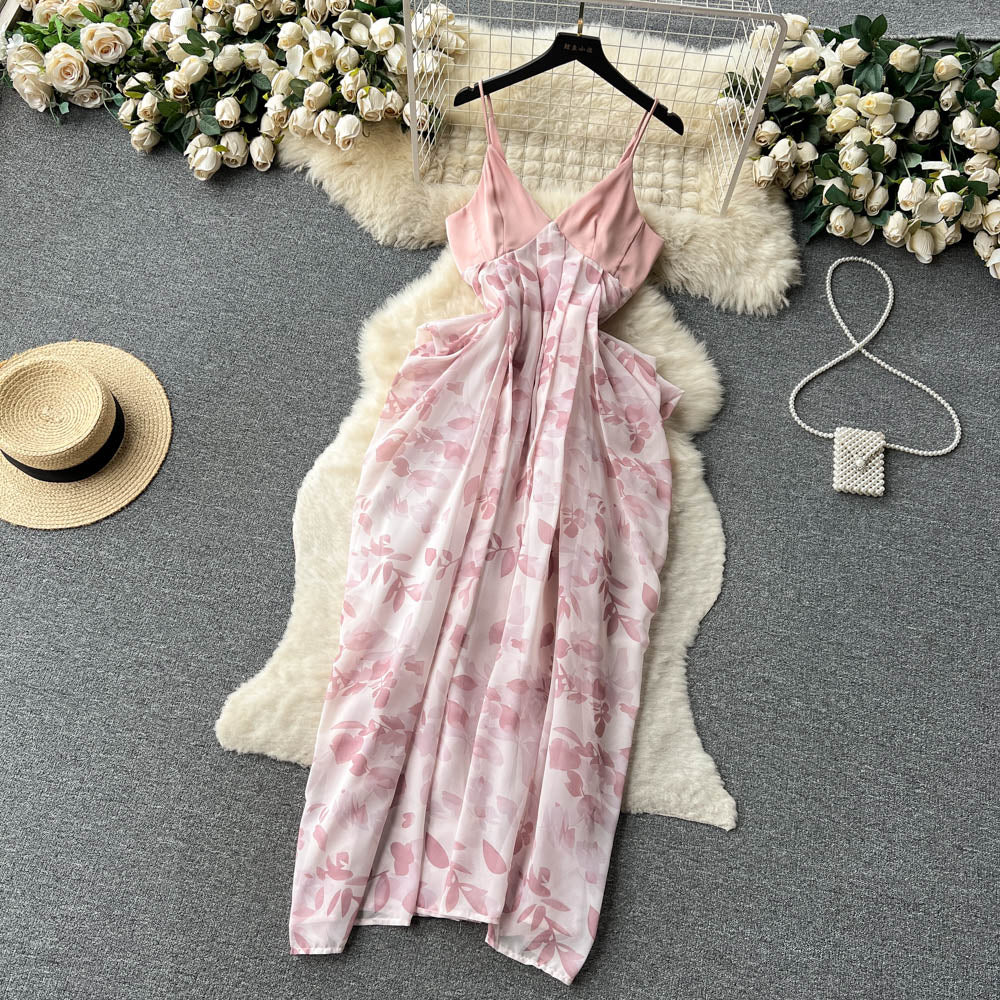 VAKKV Sexy V-neck backless dress female ink painting new suspenders irregular holiday dress P238