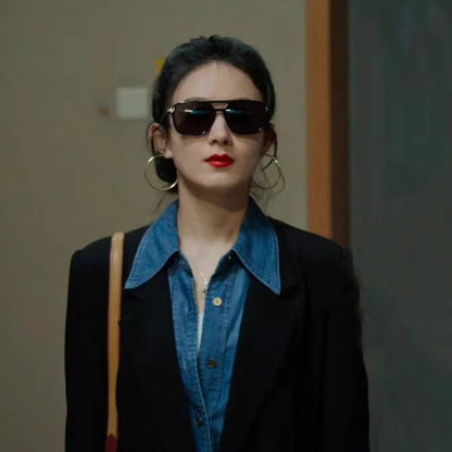 The wind blows in the middle of summer, Zhao Liying, the same blue denim shirt for women's 2025 spring and summer loose stacking shirts and tops