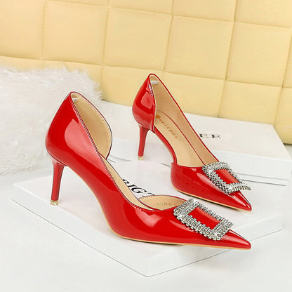 2025 638-AK63 banquet high heels women's shoes patent leather shallow mouth pointed side hollow square metal rhinestone buckle single shoes women