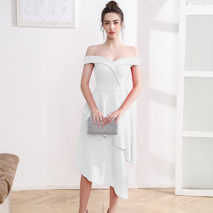 VAKKV Evening Dress Women's Small off-Shoulder Mid-Length Slimming Company Annual Meeting Host Irregular Hem Dress