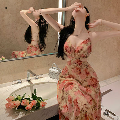 2025 Super fairy seaside vacation chiffon floral vacation women's dress backless hollow straps high waist slit big swing dress
