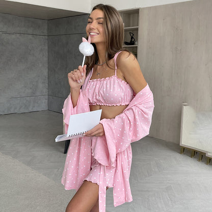 VAKKV 2025 New  spring new hollow jacquard pajamas set knitted pink love printed women's loungewear