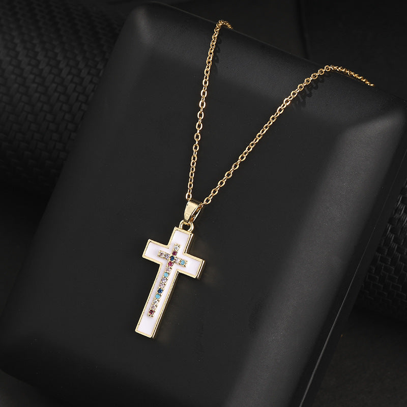 INS Vintage Gold Cross Necklace Personalized Pendant Zircon European and American Style Necklace Special-Interest Design Titanium Steel Clavicle Chain