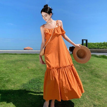 2025 fungus edge suspender dress summer Sanya travel seaside vacation temperament loose orange beach dress