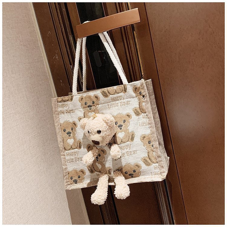 VAKKV Japanese ins cute bear lunch box bento bag  new fashion canvas Internet celebrity cartoon popular tote bag