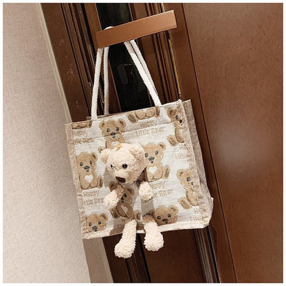 VAKKV Japanese ins cute bear lunch box bento bag  new fashion canvas Internet celebrity cartoon popular tote bag