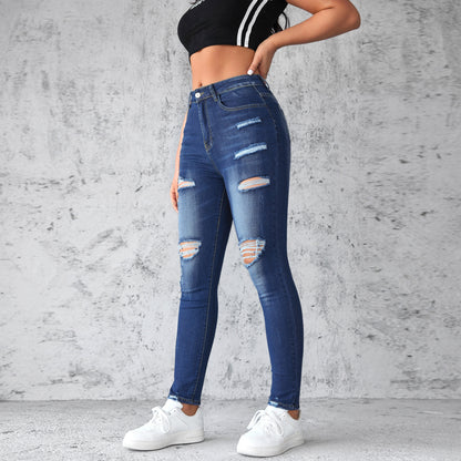 VAKKV Factory direct sales popular 2025 New elastic ripped jeans female slim hip lift high waist washed trousers spot