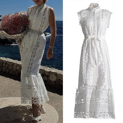 Style Retro Minority Design  Spring round Neck Sleeveless Hollow out See-through Design Solid Color Long Dress Women's