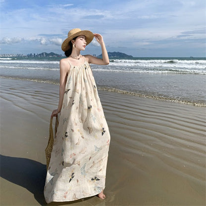 2025 National style new Chinese butterfly print suspender dress women's summer seaside vacation loose big pendulum super fairy backless dress