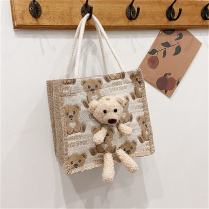 VAKKV Japanese ins cute bear lunch box bento bag  new fashion canvas Internet celebrity cartoon popular tote bag