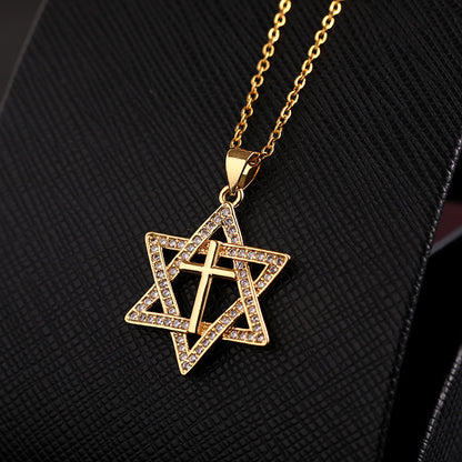 INS Vintage Gold Cross Necklace Personalized Pendant Zircon European and American Style Necklace Special-Interest Design Titanium Steel Clavicle Chain