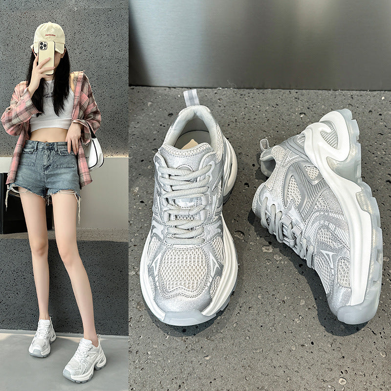 2025 spring and summer trendy silver thick-soled heightening dad shoes women's mesh breathable versatile casual sports shoes ins