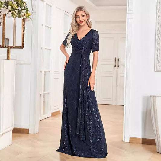 VAKKV New  Dress Sexy Dress Short Sleeve V-neck Sequin Slim Fishtail Bridesmaid Banquet Evening Dress for Women